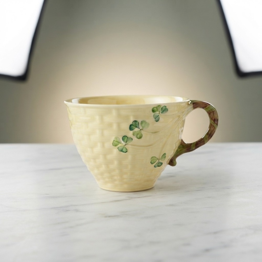 Belleek Porcelain Shamrock Embossed Basketweave Teacup Green Clover With Handle